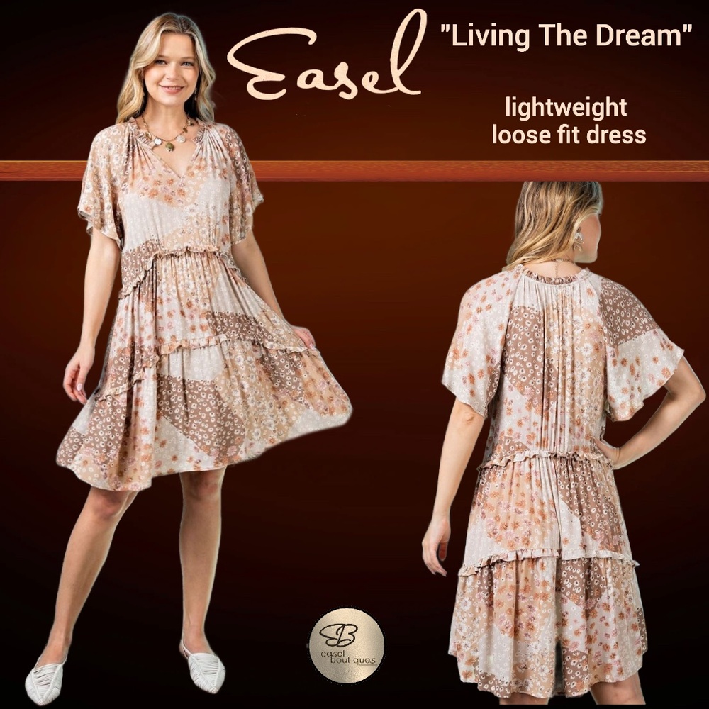 EASEL Flowy & Lightweight Dress Butterfly Sleeves Ruffle Details On Skirt & Neck